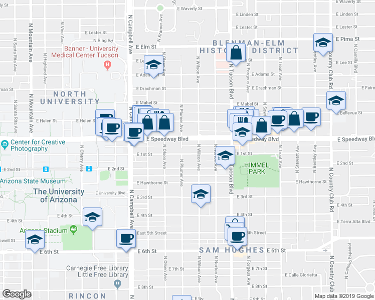 map of restaurants, bars, coffee shops, grocery stores, and more near 2239 East 1st Street in Tucson