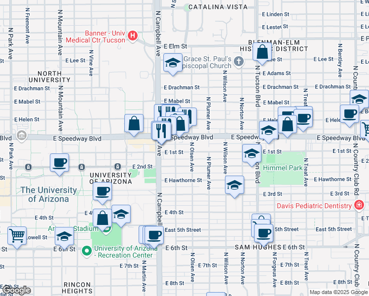 map of restaurants, bars, coffee shops, grocery stores, and more near 2039 East 1st Street in Tucson