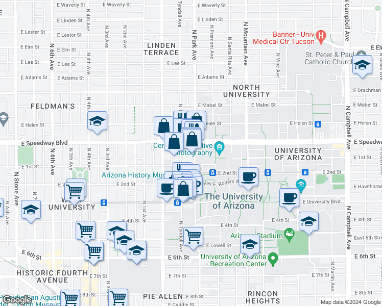 map of restaurants, bars, coffee shops, grocery stores, and more near 1038 North Park Avenue in Tucson