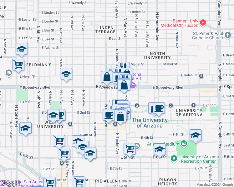 map of restaurants, bars, coffee shops, grocery stores, and more near 1023 North Tyndall Avenue in Tucson