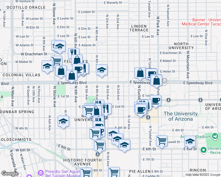 map of restaurants, bars, coffee shops, grocery stores, and more near 1026 North 3rd Avenue in Tucson