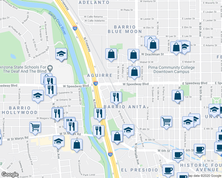 map of restaurants, bars, coffee shops, grocery stores, and more near 1041 North Anita Avenue in Tucson