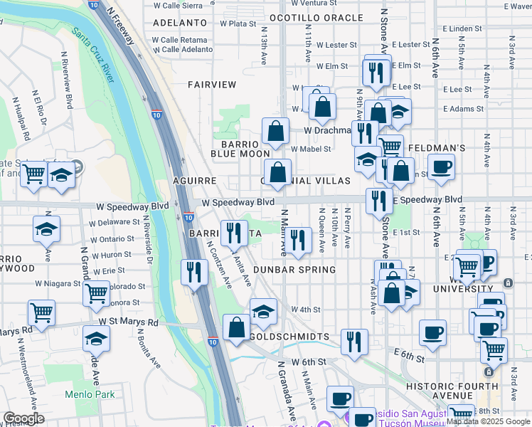 map of restaurants, bars, coffee shops, grocery stores, and more near 1036 North 13th Avenue in Tucson
