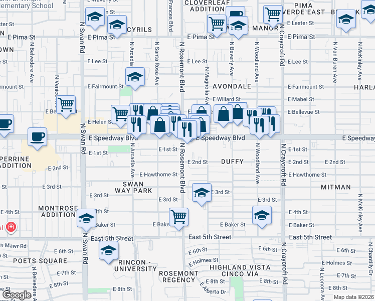 map of restaurants, bars, coffee shops, grocery stores, and more near 5127 East 2nd Street in Tucson
