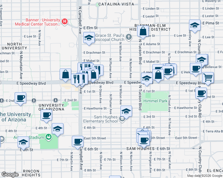 map of restaurants, bars, coffee shops, grocery stores, and more near 2134 East 1st Street in Tucson
