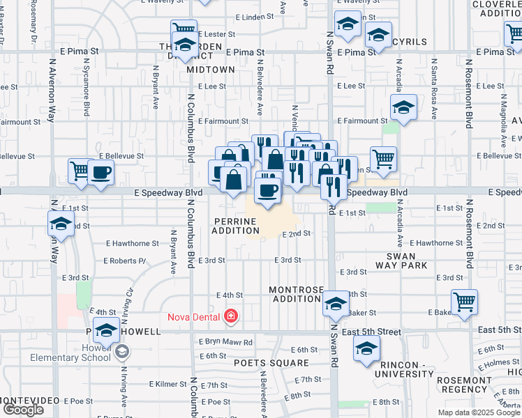 map of restaurants, bars, coffee shops, grocery stores, and more near 4500 East Speedway Boulevard in Tucson