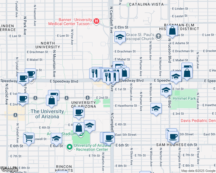 map of restaurants, bars, coffee shops, grocery stores, and more near 1005 North Campbell Avenue in Tucson