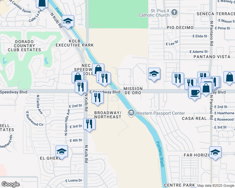 map of restaurants, bars, coffee shops, grocery stores, and more near 1010 East Speedway Boulevard in Tucson