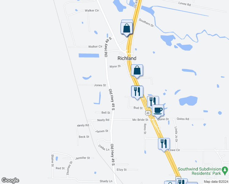 map of restaurants, bars, coffee shops, grocery stores, and more near 710 Old Highway 49 in Richland