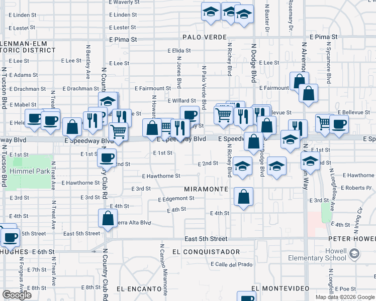 map of restaurants, bars, coffee shops, grocery stores, and more near 3449 East 1st Street in Tucson