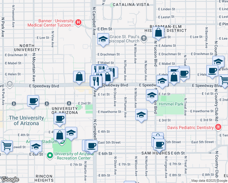 map of restaurants, bars, coffee shops, grocery stores, and more near 1065 North Olsen Avenue in Tucson