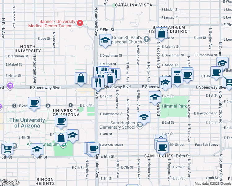 map of restaurants, bars, coffee shops, grocery stores, and more near 1065 North Olsen Avenue in Tucson