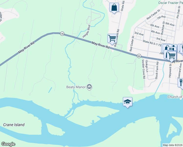 map of restaurants, bars, coffee shops, grocery stores, and more near 45 Buck Point Road in Bluffton