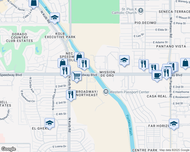 map of restaurants, bars, coffee shops, grocery stores, and more near 1010 East Speedway Boulevard in Tucson