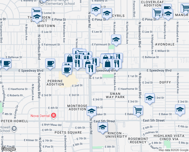 map of restaurants, bars, coffee shops, grocery stores, and more near 4715 East 1st Street in Tucson