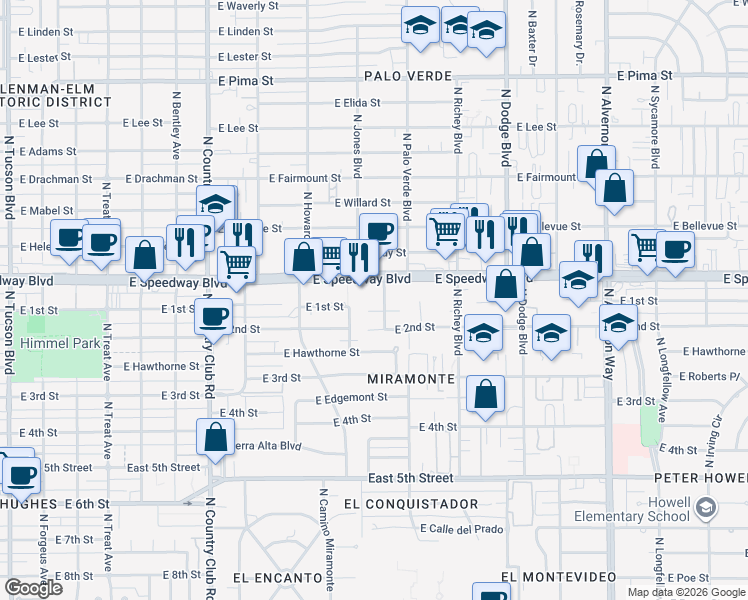 map of restaurants, bars, coffee shops, grocery stores, and more near 3449 East 1st Street in Tucson