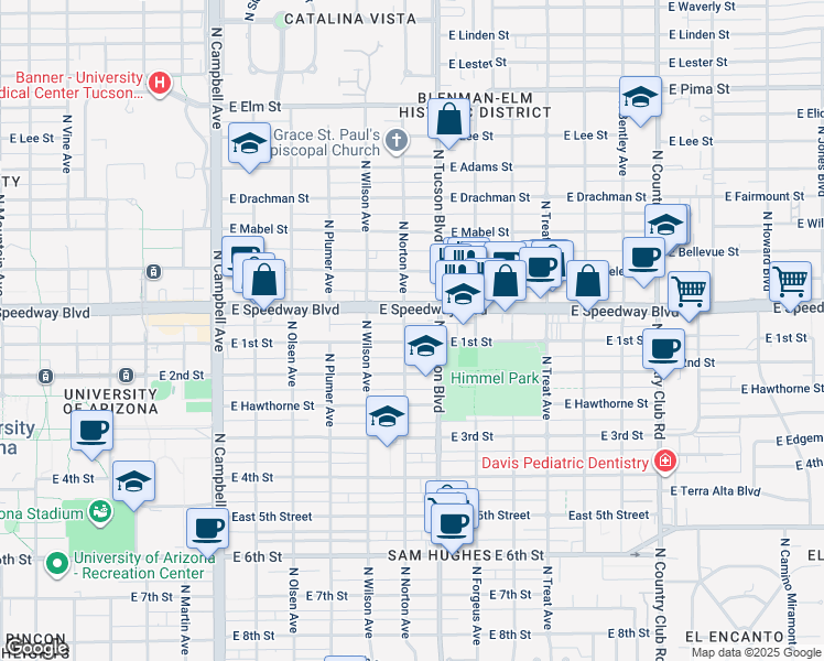 map of restaurants, bars, coffee shops, grocery stores, and more near 2341 East 1st Street in Tucson