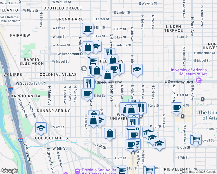 map of restaurants, bars, coffee shops, grocery stores, and more near 1012 North 6th Avenue in Tucson
