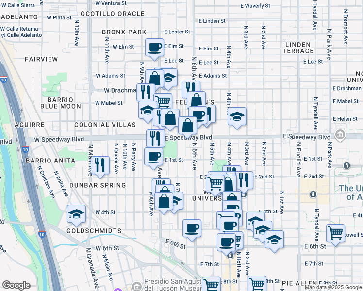 map of restaurants, bars, coffee shops, grocery stores, and more near 1018 North 7th Avenue in Tucson