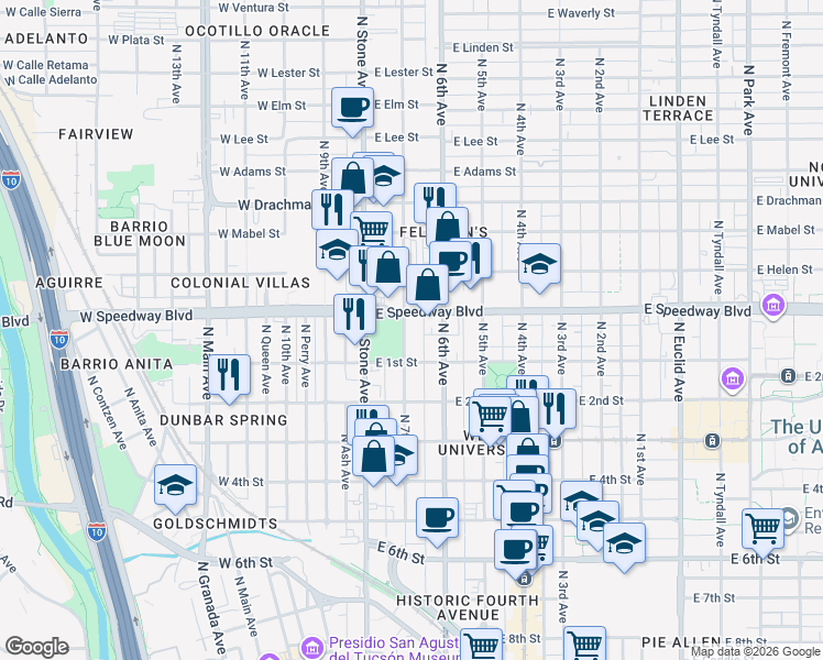 map of restaurants, bars, coffee shops, grocery stores, and more near 1018 North 7th Avenue in Tucson