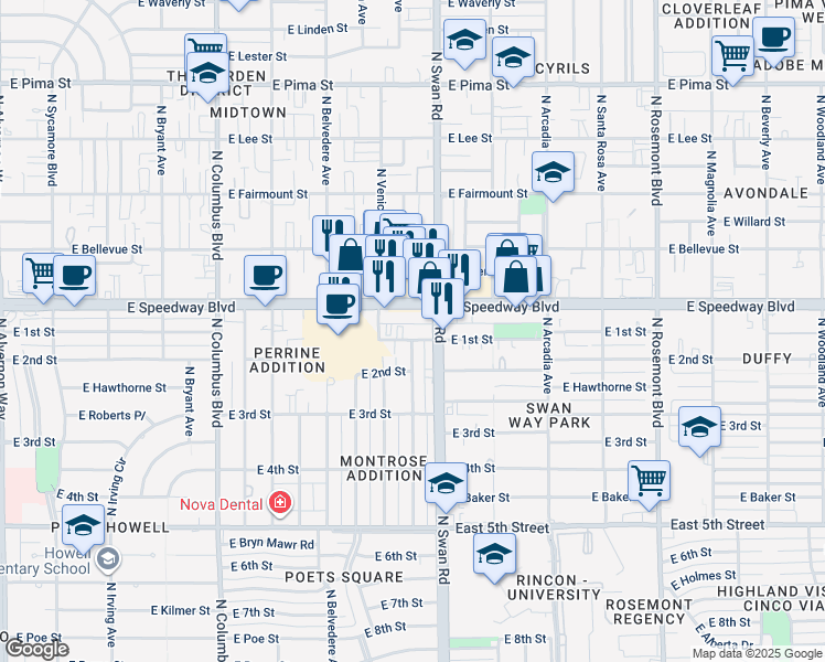 map of restaurants, bars, coffee shops, grocery stores, and more near 4645 East 1st Street in Tucson