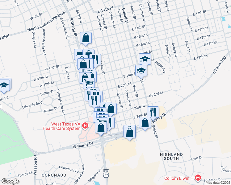 map of restaurants, bars, coffee shops, grocery stores, and more near 101-199 East 21st Street in Big Spring