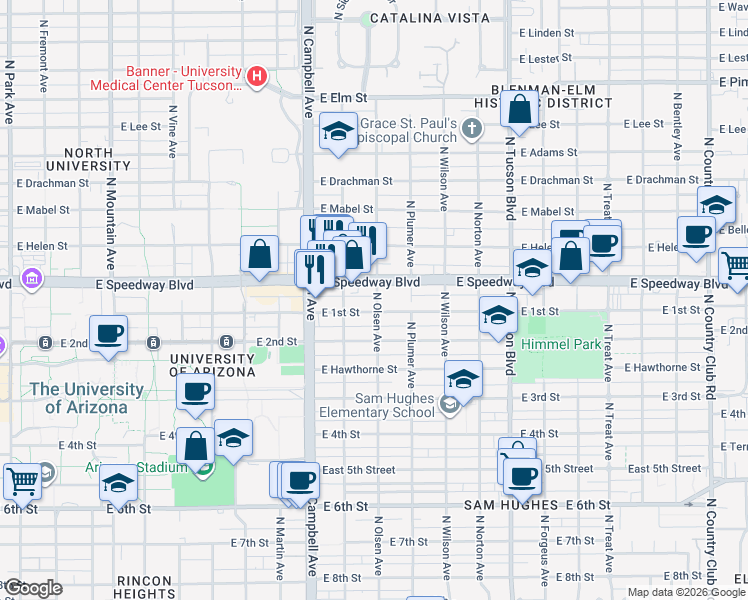 map of restaurants, bars, coffee shops, grocery stores, and more near 1075 North Olsen Avenue in Tucson