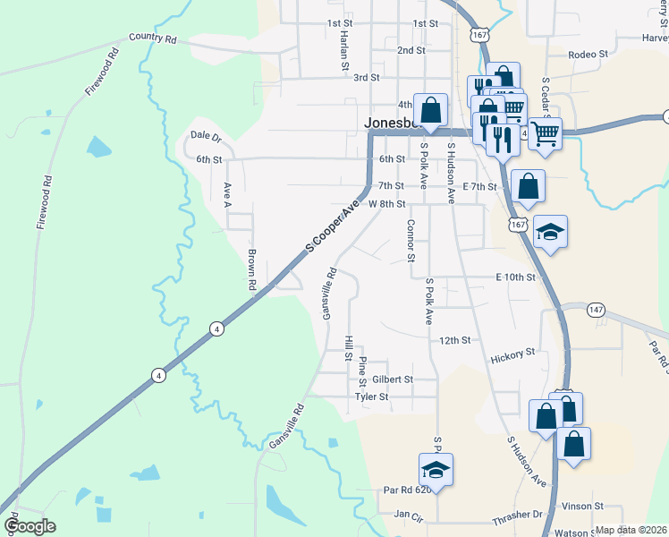 map of restaurants, bars, coffee shops, grocery stores, and more near 100 Stinson Drive in Jonesboro
