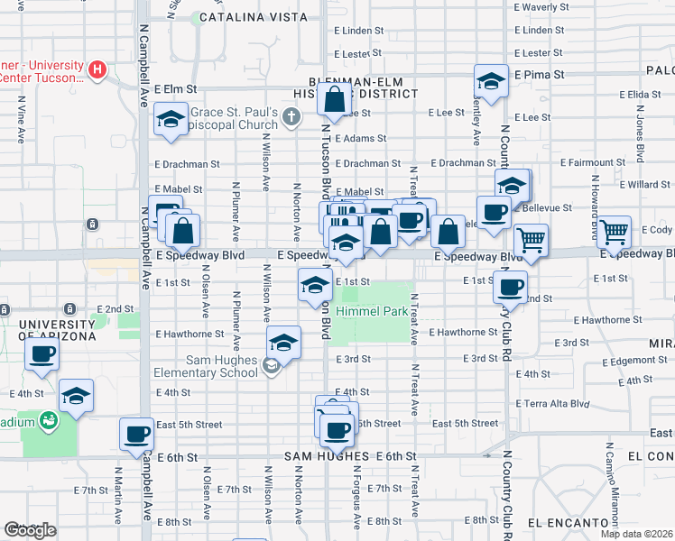 map of restaurants, bars, coffee shops, grocery stores, and more near 2467 East 1st Street in Tucson