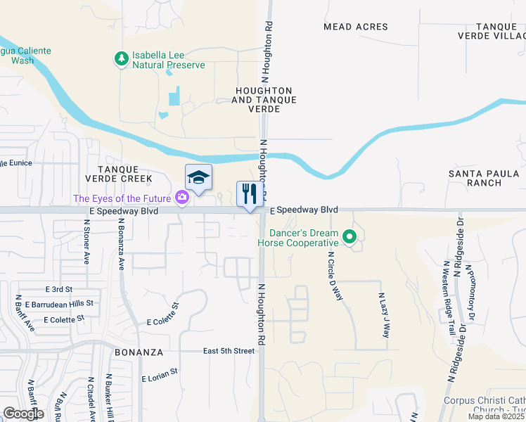 map of restaurants, bars, coffee shops, grocery stores, and more near East Speedway Boulevard & North Houghton Road in Tanque Verde