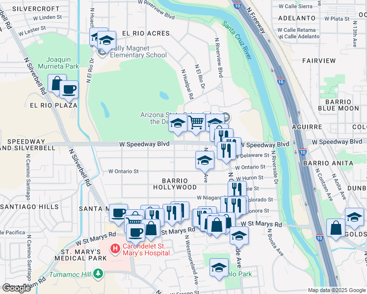 map of restaurants, bars, coffee shops, grocery stores, and more near 1348 West Delaware Street in Tucson