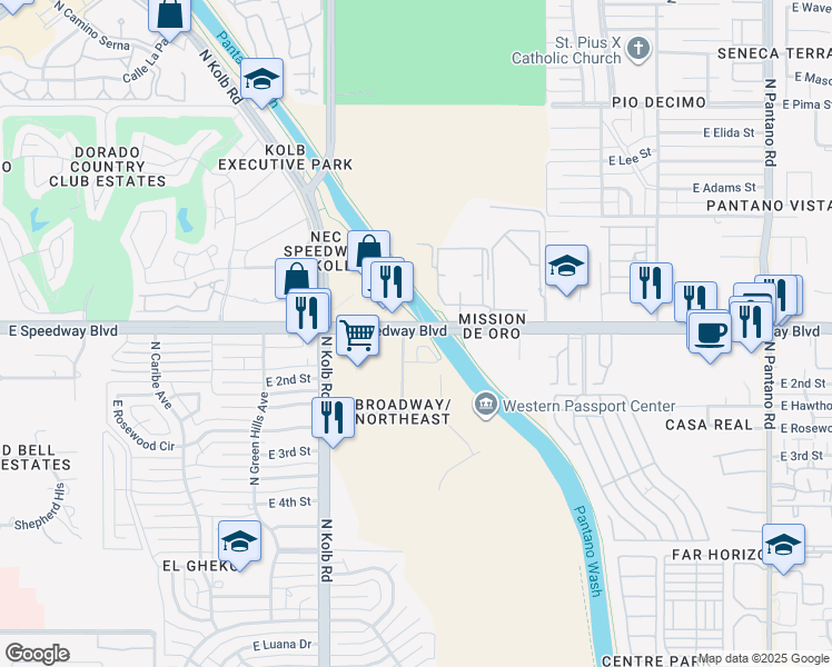 map of restaurants, bars, coffee shops, grocery stores, and more near 1010 East Speedway Boulevard in Tucson