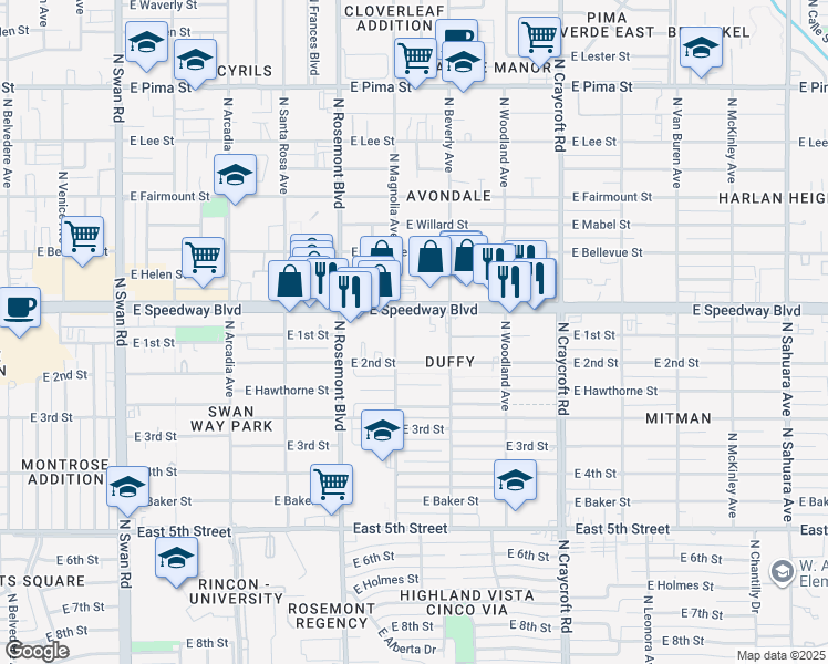 map of restaurants, bars, coffee shops, grocery stores, and more near 5241 East 2nd Street in Tucson