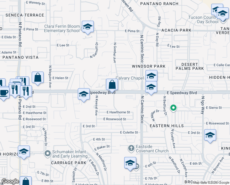 map of restaurants, bars, coffee shops, grocery stores, and more near 8225 East Speedway Boulevard in Tucson