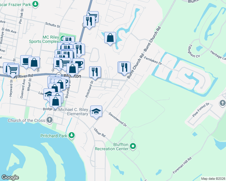 map of restaurants, bars, coffee shops, grocery stores, and more near 28 Tabby Shell Road in Bluffton
