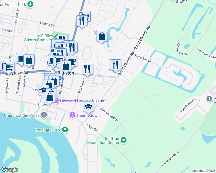 map of restaurants, bars, coffee shops, grocery stores, and more near 28 Tabby Shell Road in Bluffton