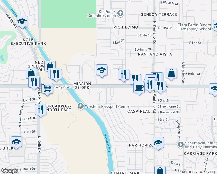 map of restaurants, bars, coffee shops, grocery stores, and more near 1049 North Vía Primavera in Tucson