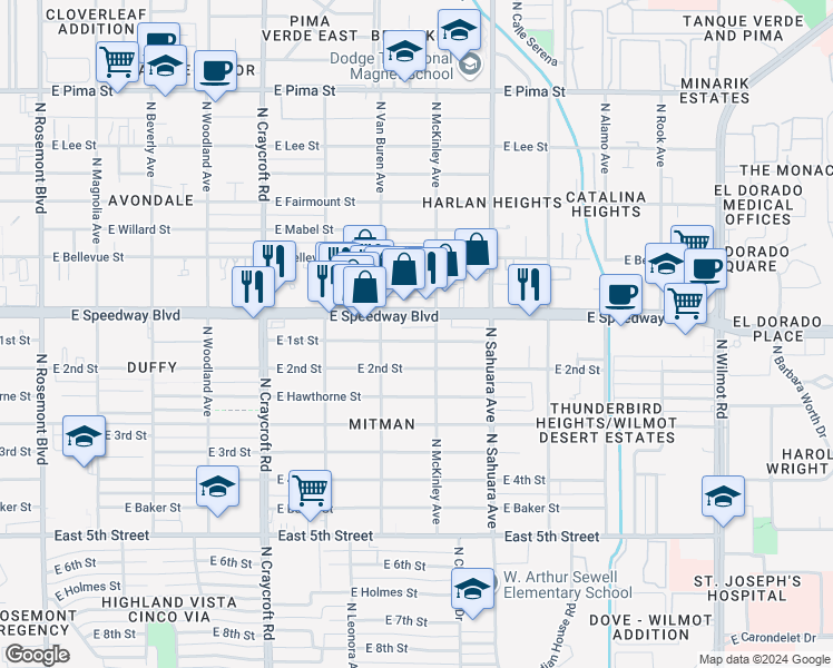 map of restaurants, bars, coffee shops, grocery stores, and more near 5744 East 1st Street in Tucson