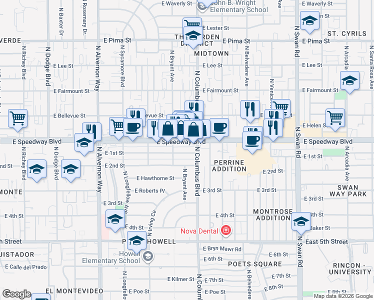 map of restaurants, bars, coffee shops, grocery stores, and more near 4220 East 1st Street in Tucson