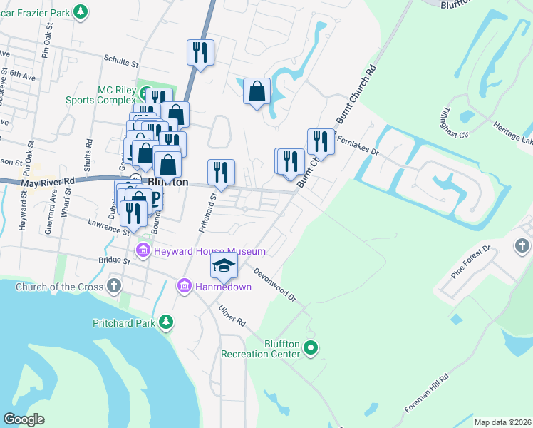map of restaurants, bars, coffee shops, grocery stores, and more near 28 Tabby Shell Road in Bluffton