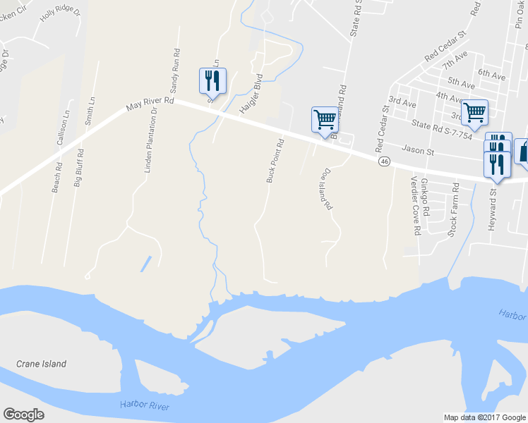 map of restaurants, bars, coffee shops, grocery stores, and more near 2 Buck Point Road in Bluffton