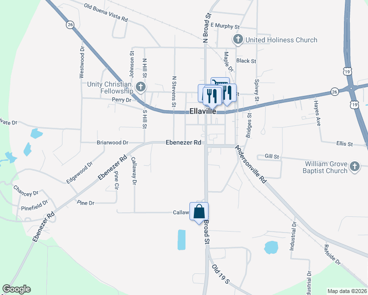 map of restaurants, bars, coffee shops, grocery stores, and more near 99 Ebenezer Road in Ellaville