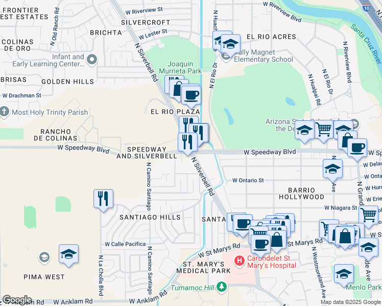 map of restaurants, bars, coffee shops, grocery stores, and more near N Silverbell Rd & W Speedway Blvd in Tucson