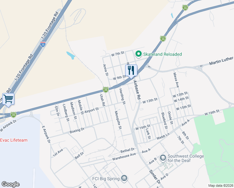 map of restaurants, bars, coffee shops, grocery stores, and more near 1213 Frazier Street in Big Spring