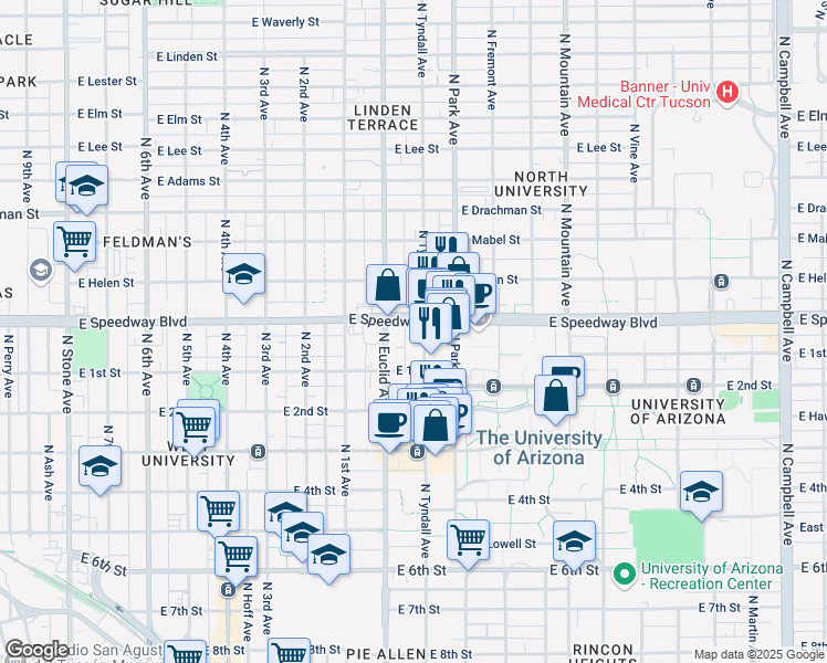 map of restaurants, bars, coffee shops, grocery stores, and more near 1023 North Tyndall Avenue in Tucson