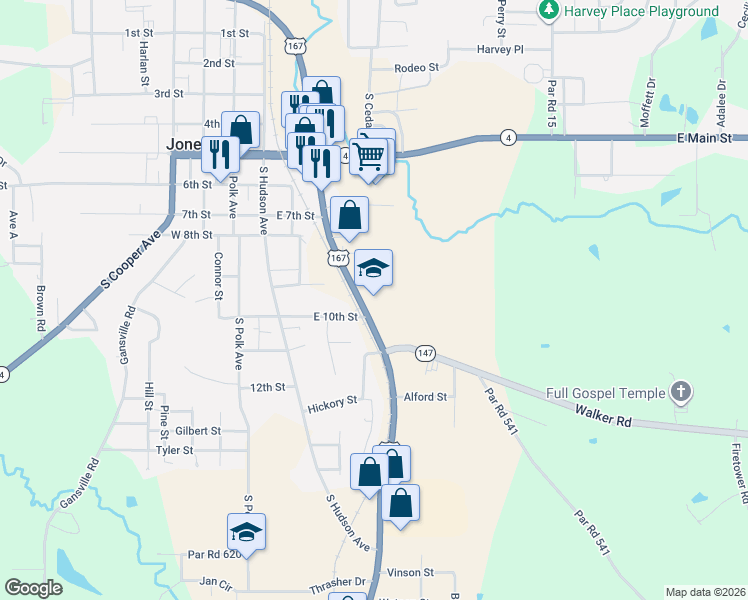 map of restaurants, bars, coffee shops, grocery stores, and more near 400-498 East 10th Street in Jonesboro
