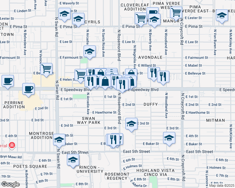 map of restaurants, bars, coffee shops, grocery stores, and more near 5058 East 1st Street in Tucson