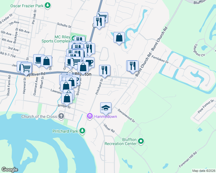 map of restaurants, bars, coffee shops, grocery stores, and more near 172 Burnt Church Road in Bluffton