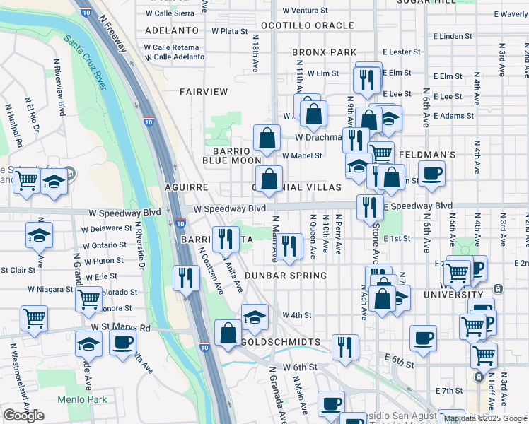 map of restaurants, bars, coffee shops, grocery stores, and more near 1036 North 13th Avenue in Tucson