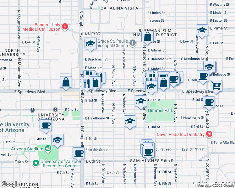 map of restaurants, bars, coffee shops, grocery stores, and more near 2239 East 1st Street in Tucson
